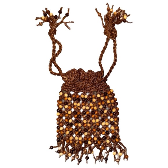 Vintage Beaded WALBORG Brown Wood Bead Women Purse Bag Fringe Handmade In Japan - Picture 7 of 12